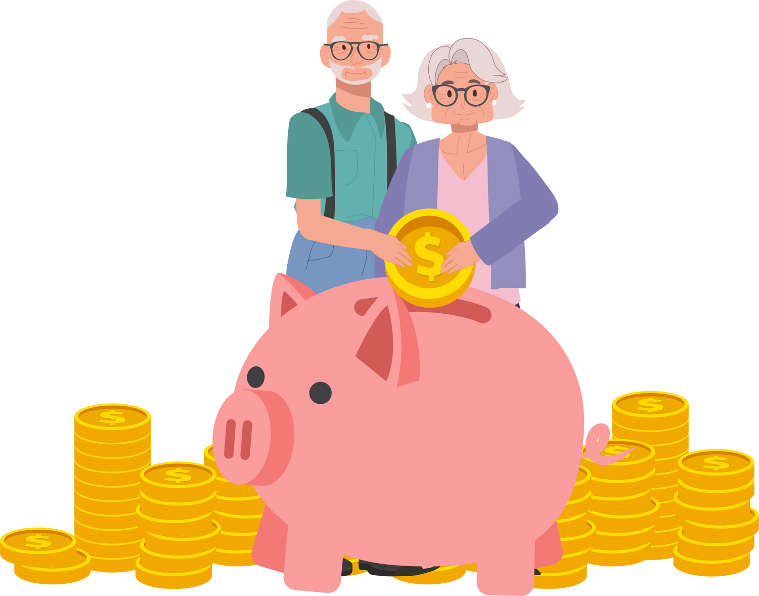 Elderly Couple Collecting Money in Piggy Bank for Retirement Savings. Mature Couple Saving Money Together in Piggy Bank.